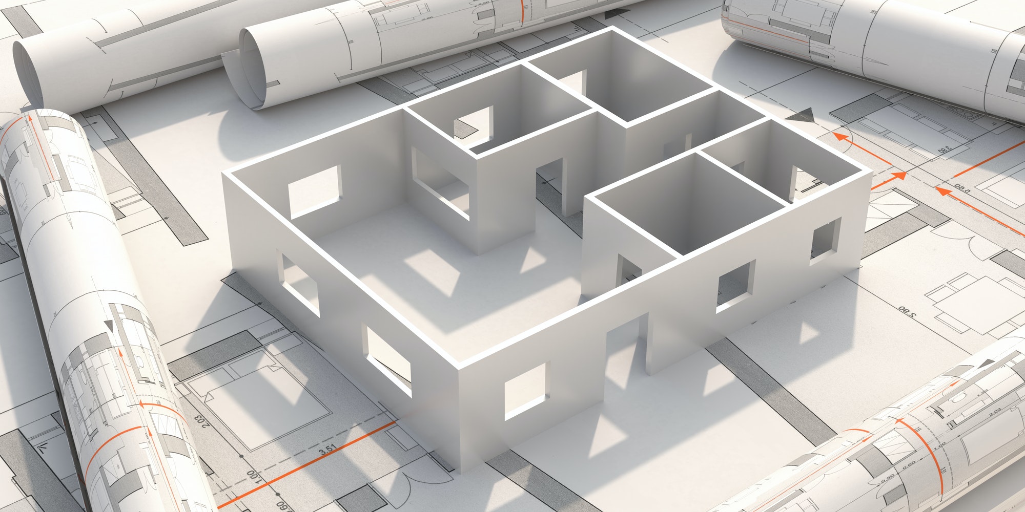 Residential building blueprint plans and house model. 3d illustration